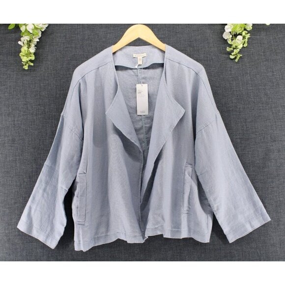 Eileen Fisher Heavy Organic Linen Blazer Drape Front Jacket Dawn Blue M NEW